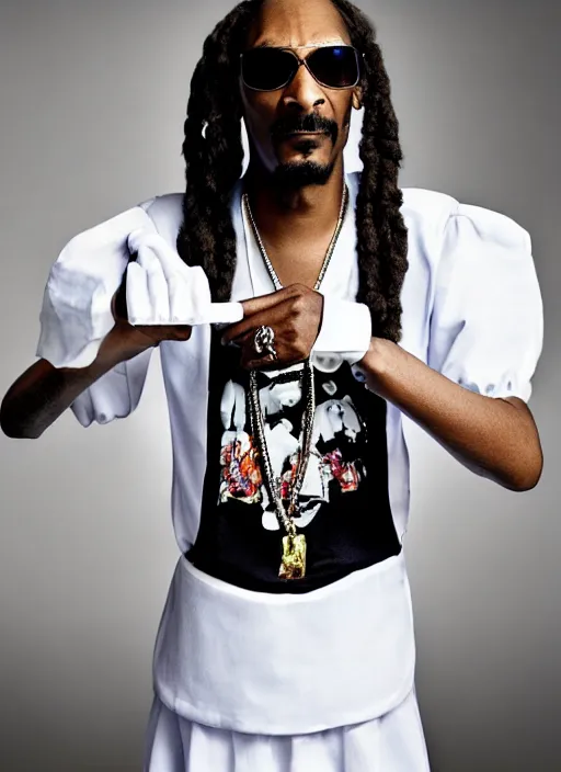 Image similar to promo photo of Snoop Dogg in a maid outfit