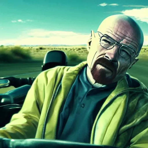 Prompt: photo of walter white riding a bike with an exploding car behind him, color, cinematic lighting