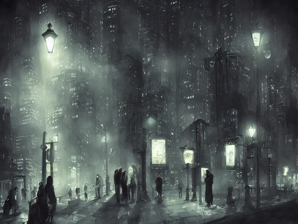 Prompt: few people waiting in a bus stop in dark city night, high quality, detailed, high resolution, in the style of bastien deharme