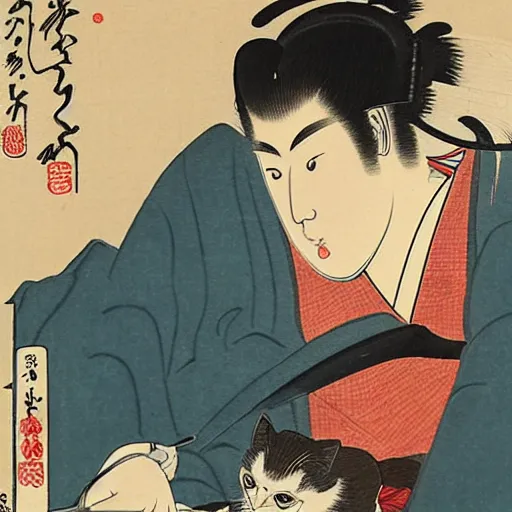 Image similar to angry japanese man giving cat a slice of meat, vintage, painting by utamaro