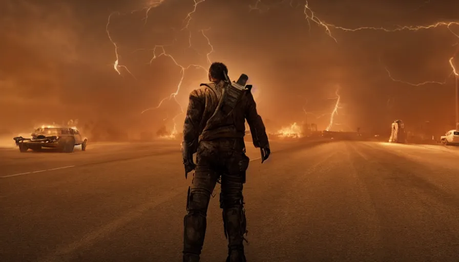 Image similar to back view of a man in jacket crossing las vegas'streets in mad max, sandstorm, lightning, fire and ashes, hyperdetailed, artstation, cgsociety, 8 k