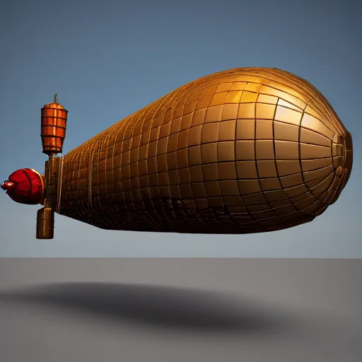 Image similar to a 3d render of a art of a steampunk airship with a shape of an hot dog, unreal engine, 4k, Trending on artstation