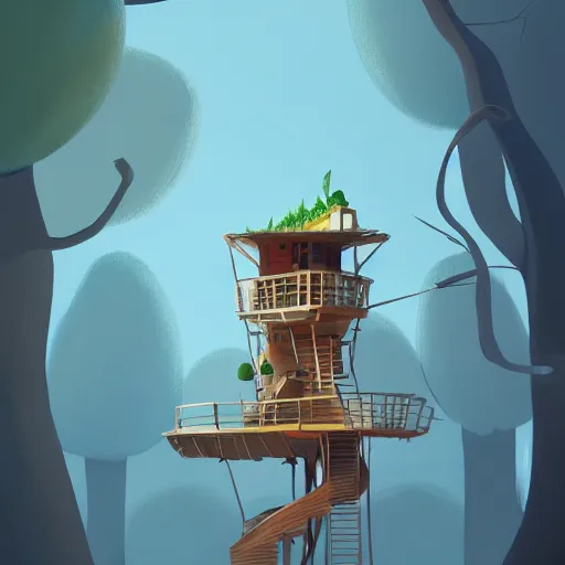 Image similar to Goro Fujita ilustration A tree house with an elevator outside, painting by Goro Fujita, sharp focus, highly detailed, ArtStation