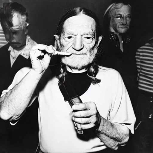 Prompt: willie nelson having a smoke backstage.