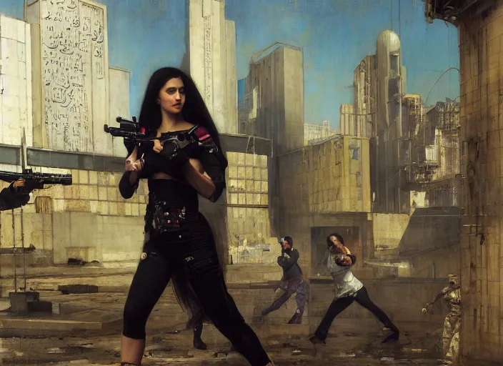 Prompt: Maria evades pvt griggs. Cyberpunk hacker escaping Cyberpunk corporate security. (police state, Cyberpunk 2077, blade runner 2049). Iranian orientalist portrait by john william waterhouse and Edwin Longsden Long and Theodore Ralli and Nasreddine Dinet, oil on canvas. Cinematic, hyper realism, high detail 4k