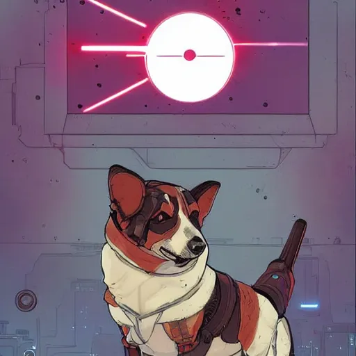 Image similar to half robot half corgi with one laser eye that looks like it's from Borderlands and by Feng Zhu and Loish and Laurie Greasley, Victo Ngai, Andreas Rocha, John Harris