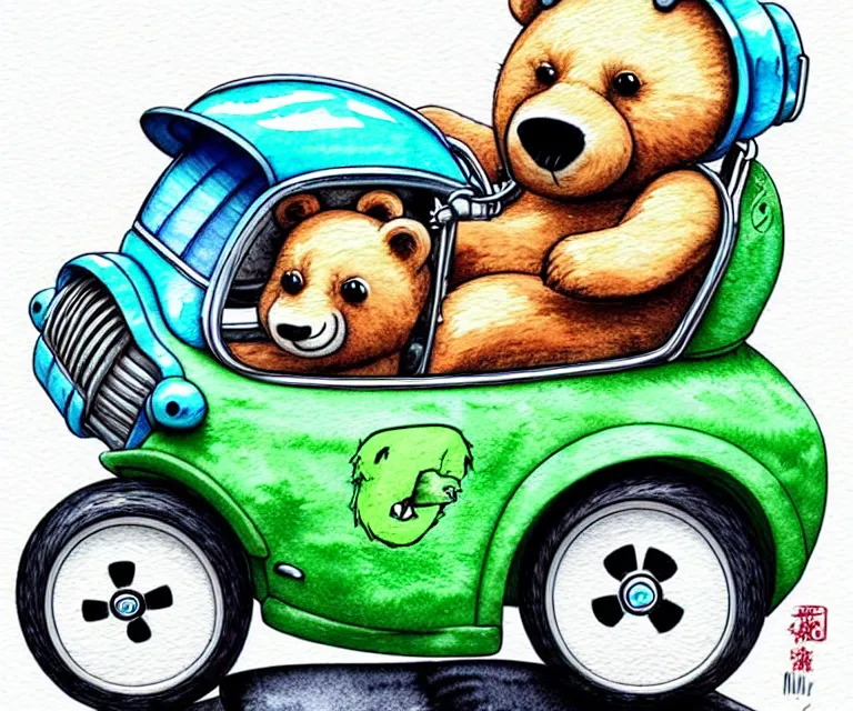 Image similar to cute and funny, bear wearing a helmet riding in a tiny hot rod with oversized engine, ratfink style by ed roth, centered award winning watercolor pen illustration, isometric illustration by chihiro iwasaki, edited by range murata