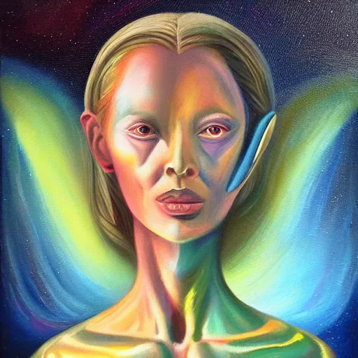Prompt: a beautiful Pleiadian human-alien hybrid woman, oil painting, featured on artstation