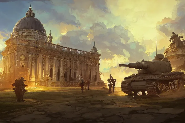 Prompt: an ornate baroque church built on top of a tank. scene in an open field. key visual, conceptart, ambient lighting, highly detailed, digital painting, artstation, concept art, sharp focus, by makoto shinkai and akihiko yoshida and greg manchess