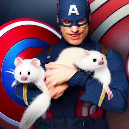 Prompt: A ferret is cuddling Captain America