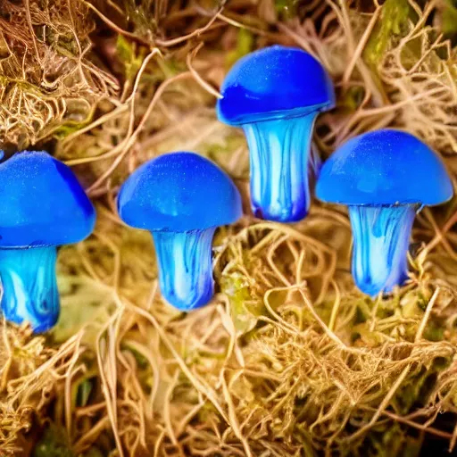 Image similar to blue glowing jello mushrooms in a mystical forest, high detail