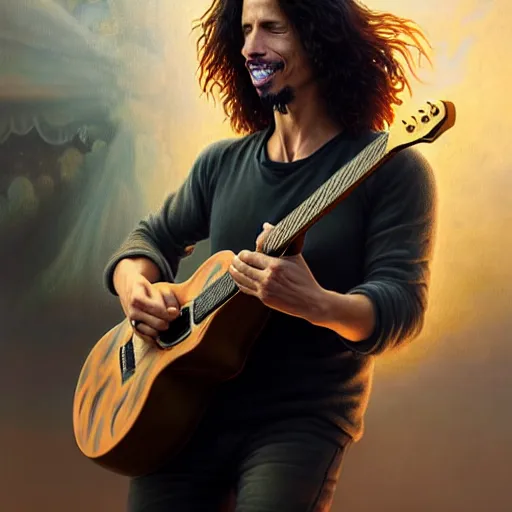 Image similar to portrait painting of chris cornell playing guitar in heaven, happy smile on his face, ultra realistic, concept art, intricate details, eerie, highly detailed, photorealistic, octane render, 8 k, unreal engine. art by artgerm and greg rutkowski and magali villeneuve and alphonse mucha