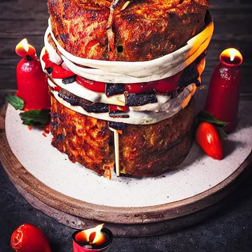 Prompt: kebab cake with candles, hd, food photography from instagram