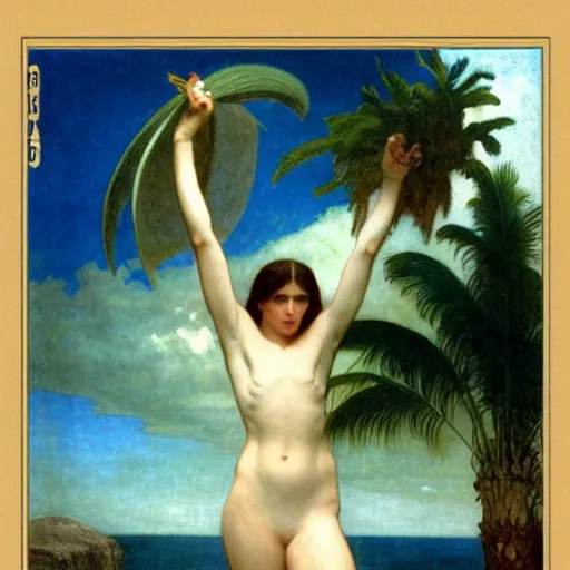 Prompt: Demonic girl at the giant column, thunderstorm, greek pool, beach and palm trees on the background major arcana sky, by paul delaroche, alphonse mucha and arnold böcklin arnold böcklin hyperrealistic 8k, very detailed