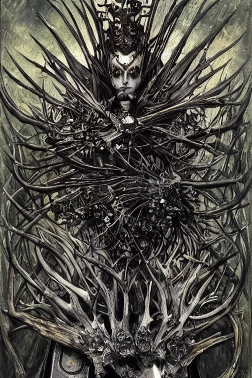 Image similar to The Knight of Bones by Karol Bak, Jean Deville, Gustav Klimt, and Vincent Van Gogh, portrait of a handsome vampire knight in armor, piercing grey eyes, ornate armor covered in thorns, bat wings, ornate dramatic bat wing helmet, hair made of shimmering ghosts, mystic eye, otherworldly, crown made of bones, catacombs, ornate jeweled crown, skulls, fractal structures, arcane, inscribed runes, infernal relics, ornate gilded medieval icon, third eye, spirals