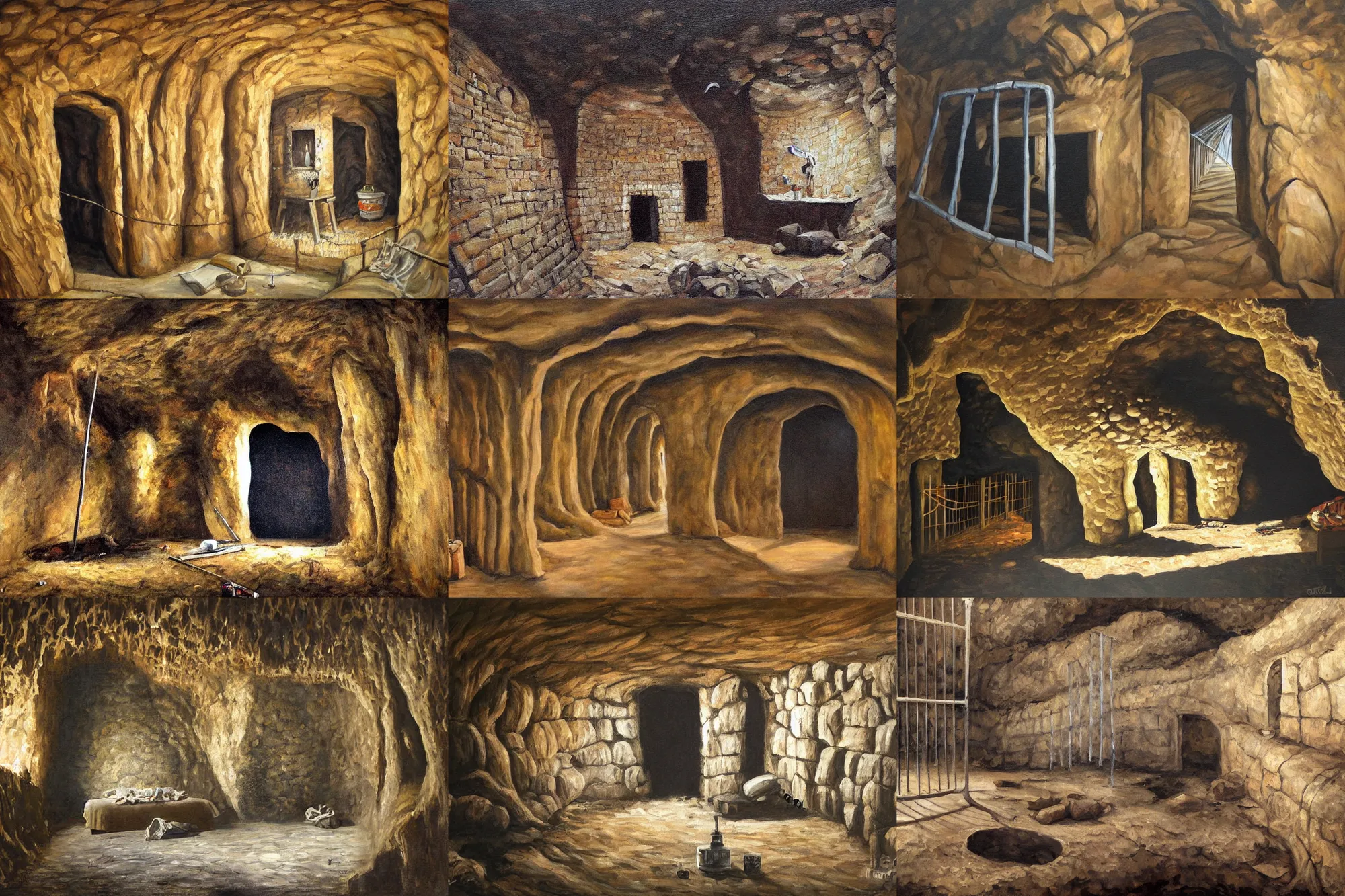 Prompt: full length painting of prison cell inside a cave, prison bars, highly detailed, high resolution, oil in canvas