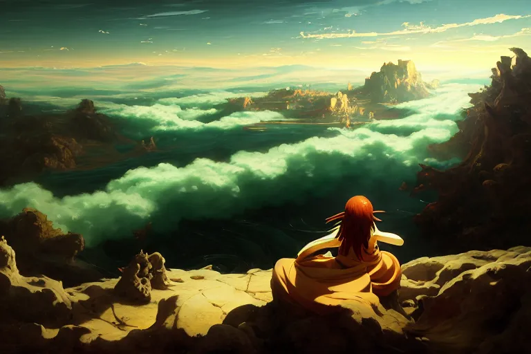 Prompt: baroque oil painting of anime key visual environment concept art of of wanderer above the sea of fog 1 8 1 8 but with anime girl, long flowing brown hair, grimdark fantasy, acrylic painting, trending on pixiv fanbox, palette knife and brush strokes, style of makoto shinkai jamie wyeth james gilleard edward hopper greg rutkowski studio ghibli genshin impact