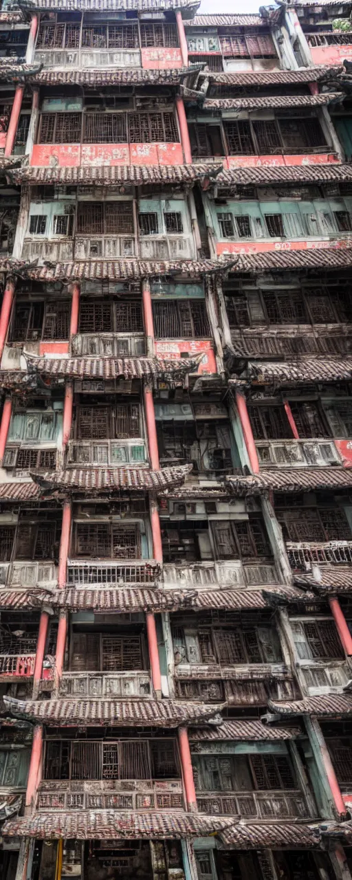 Prompt: a front view of the exterior of Kowloon walled city in Hong Kong, flat lay, flat perspective, front perspective, very detailed, photoreal, 8k,