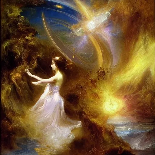 Image similar to A kinetic sculpture. A rip in spacetime. Did this device in her hand open a portal to another dimension or reality?! by Thomas Moran unified, serene