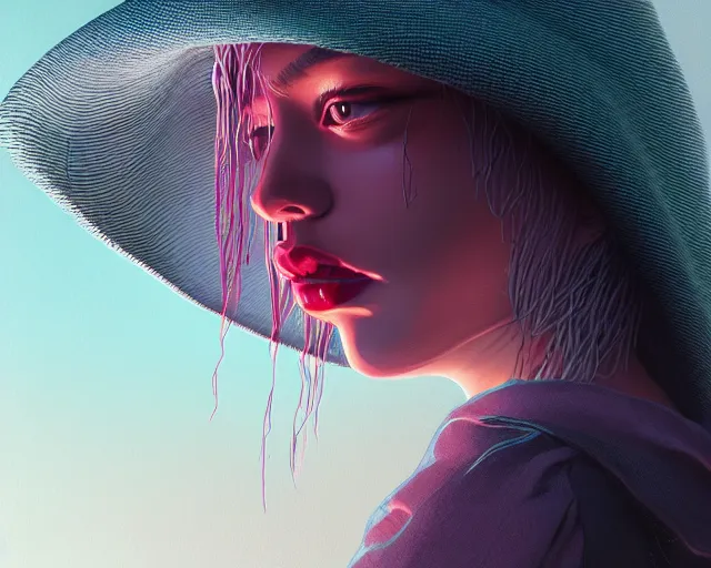 Image similar to portrait of mystic lips hidden under wide - brim hat, intricate abstract. intricate artwork, by tooth wu, wlop, beeple, dan mumford. concept art, octane render, trending on artstation, greg rutkowski very coherent symmetrical artwork. cinematic, key art, hyper realism, high detail, octane render, 8 k, iridescent accents