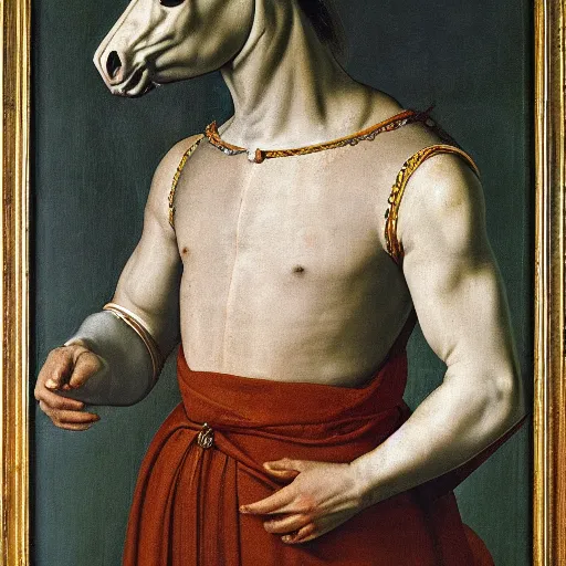 Image similar to a painting of a man with a horses head, by Agnolo Bronzino