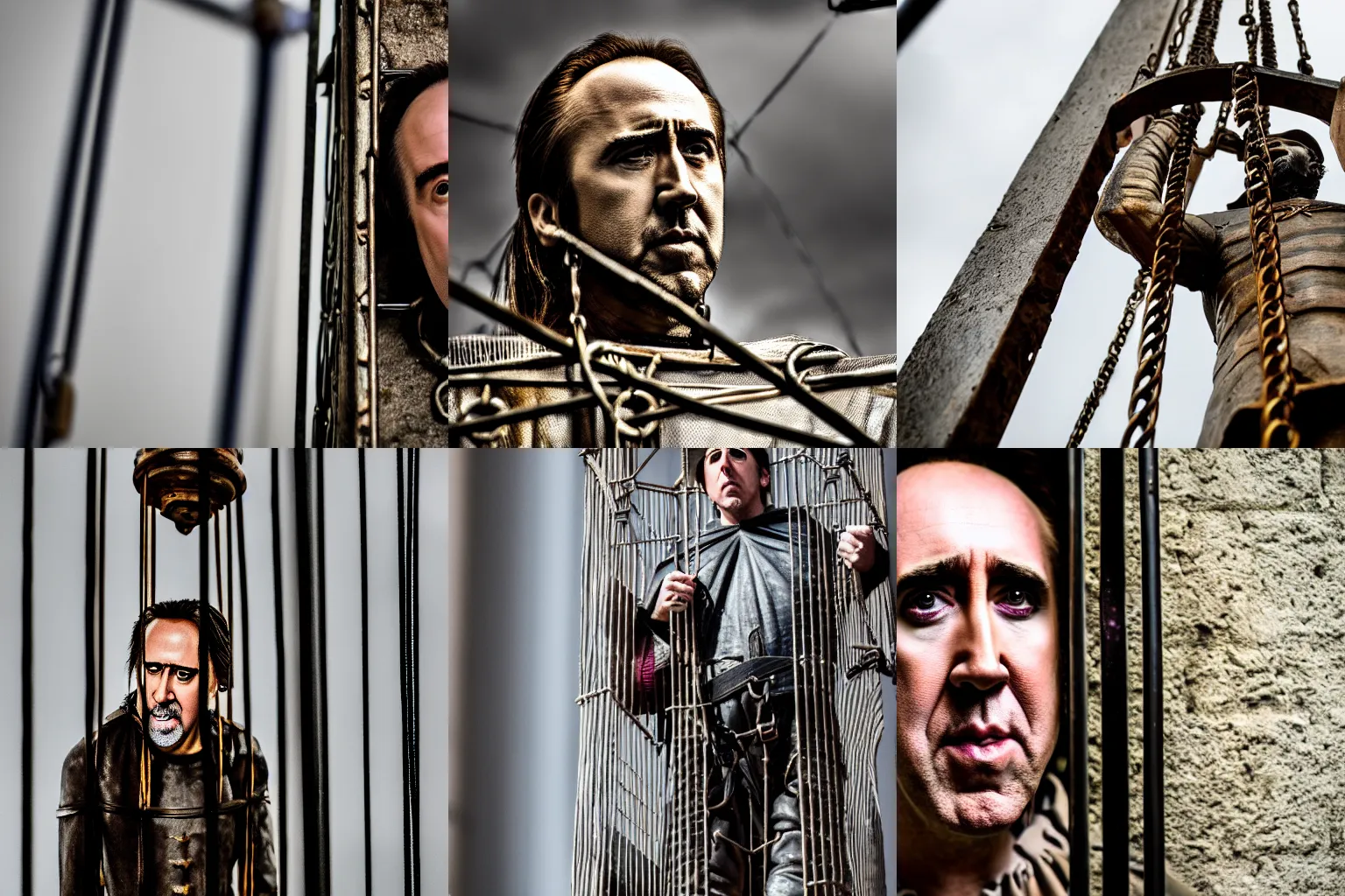 Prompt: photo of nicholas cage imprisoned in a medieval gibbet of metal xf iq 4, f / 1. 4, iso 2 0 0, 1 / 1 6 0 s, 8 k, in - frame