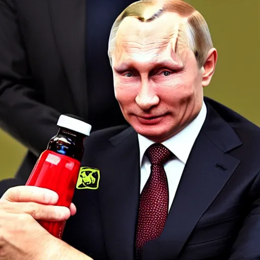 Image similar to vladimir putin giving a bottle shaped like a missile to a baby with the face of zelensky in his arms