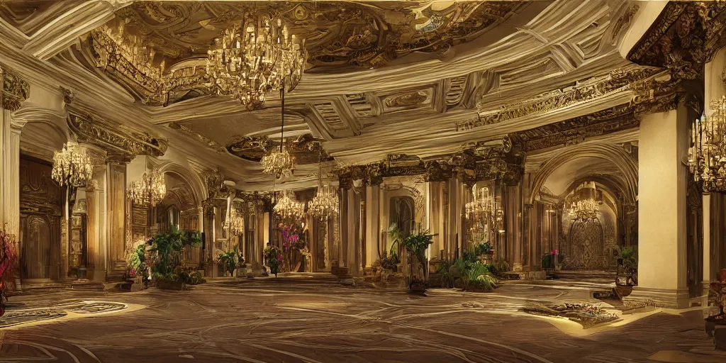 Image similar to a grand hall decorated with a blend of greco - roman and east asian styles, concept art, colorful