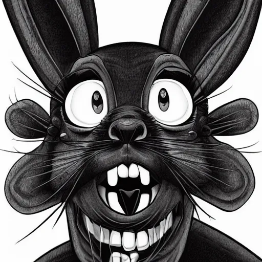 Image similar to A extremely highly detailed majestic hi-res beautiful, highly detailed head and shoulders portrait of a scary terrifying, horrifying, creepy maniacal crazy black cartoon rabbit with scary big eyes, earing a shirt laughing maniacally , let's be friends, in the style of a Walt Disney cartoon