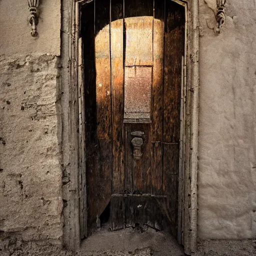 Image similar to A ajar dilapidated door with a human face hangs on loops, medieval style, dramatic lighting