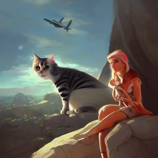 Prompt: a painting of a person sitting on a rock with a cat and a plane at the side, an ultrafine detailed painting by mandy jurgens, featured on deviantart, fantasy art, 2 d game art, ilya kuvshinov, steampunk