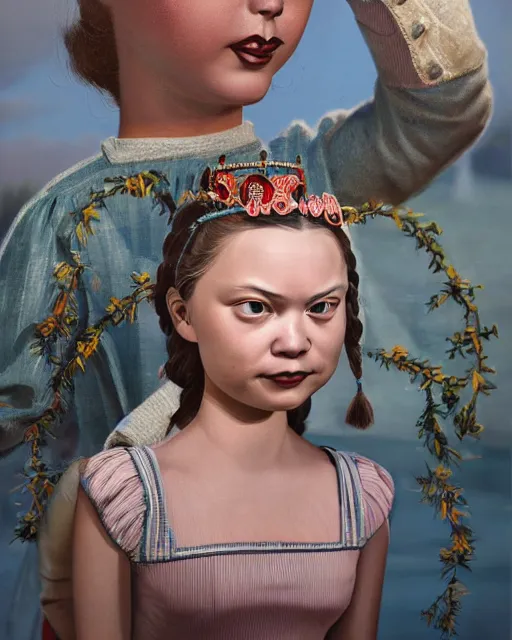 Image similar to closeup face profile portrait of greta thunberg as a tin toy 1 9 5 0 s prom queen, bikini, depth of field, zeiss lens, detailed and intricate environment, fashion photoshoot by nicoletta ceccoli, mark ryden, lostfish, breathtaking, 8 k resolution, artistic, hyperrealistic, octane render