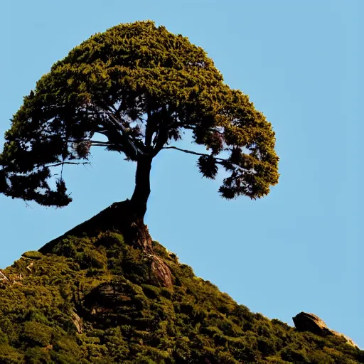 Image similar to A mountain with a giant tree on the top,