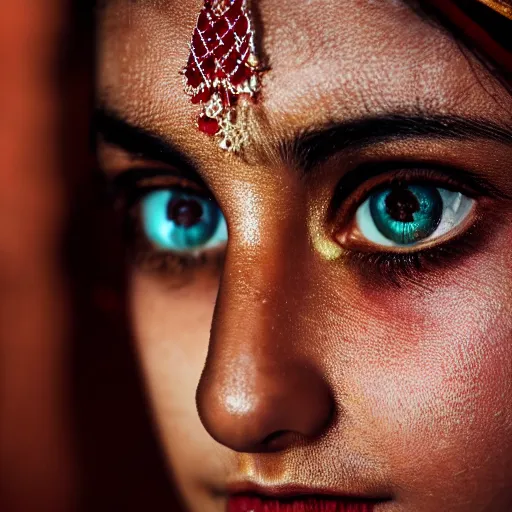 Prompt: extreme close - up shot, studio photographic portrait of beautiful indian girl in sari, brown reddish hair, eyes with crystal teal pupils, haunting, looking at viewer, dynamic lighting, random outdoor wallpaper background, photorealistic, highly detailed, 2 5 mm