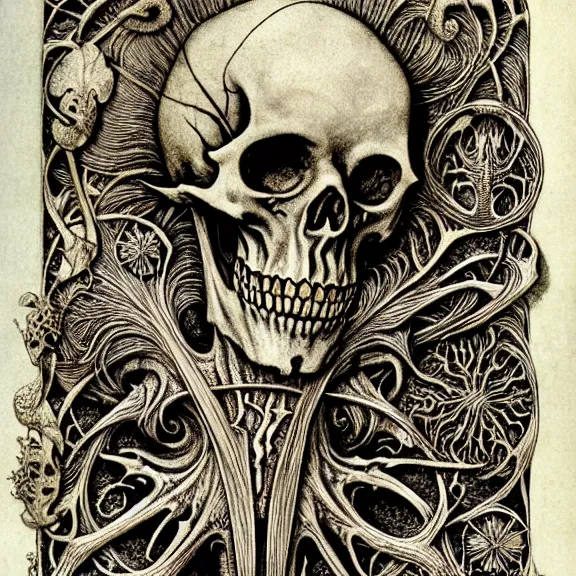 Image similar to memento mori by arthur rackham, art forms of nature by ernst haeckel, exquisitely detailed, art nouveau, gothic, ornately carved beautiful skull dominant, intricately carved antique bone, art nouveau botanicals, ornamental bone carvings, art forms of nature by ernst haeckel, horizontal symmetry, arthur rackham, ernst haeckel, symbolist, visionary