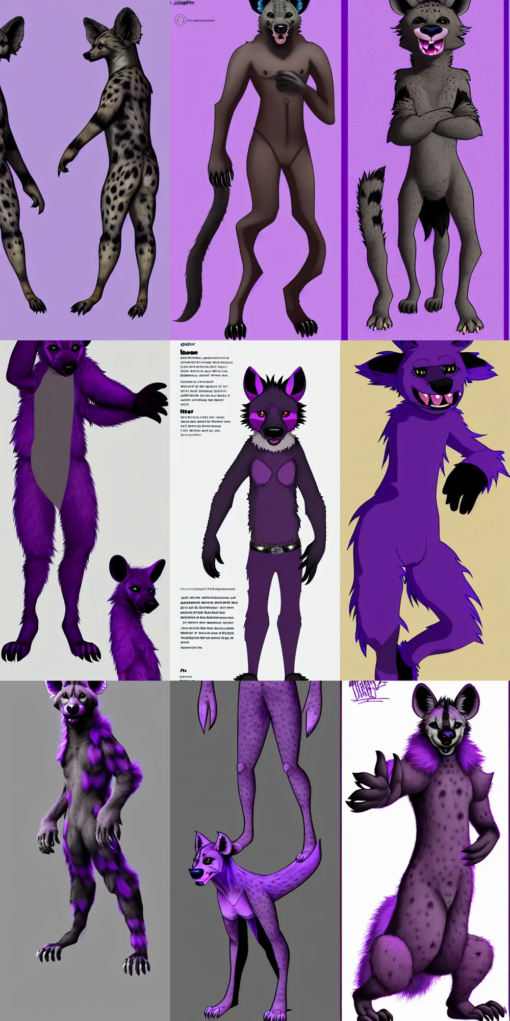 Image similar to a full - body front - perspective furry reference sheet, a male hyena fursona, purple and black color scheme, trending on weasyl, high - resolution, photorealistic