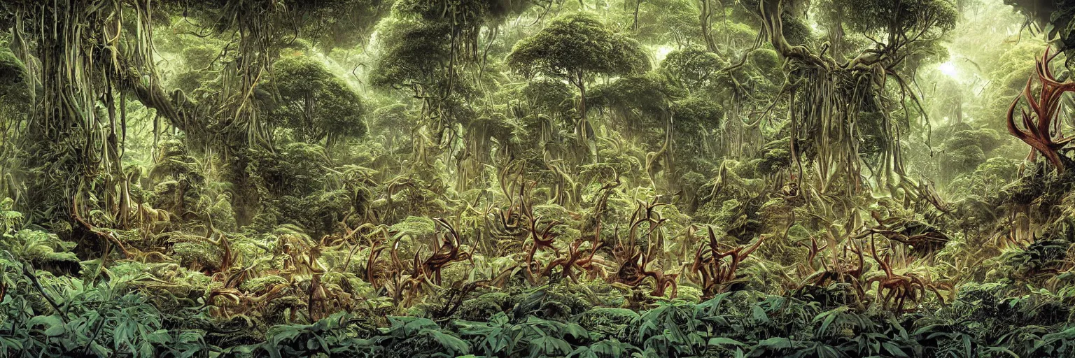 Image similar to underground cave on an exotic alien planet with a jungle canopy of antler trees in the background, leafy overgrowth, insectile weeds, by ian miller, rodney matthews and al feldstein, photorealistic render