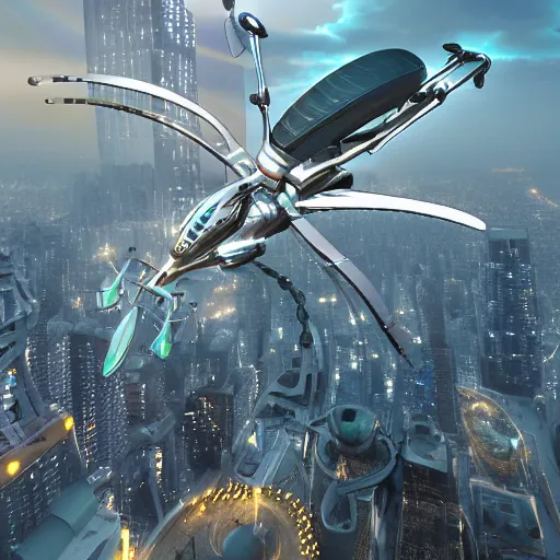 Prompt: amazingly detailed futuristic helicopter with shiny metal and robotic parts flying above large city, hd, artstation, scott robertson