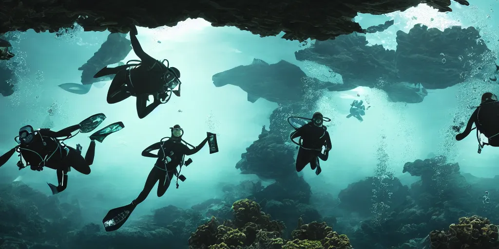 Prompt: scuba divers in aquarium battle royale, superwide angle, light through the mist, dramatic lighting, photorealistic, cinematic lighting, high detail, cinematic feel, high octane, 4 k, unreal engine, digital render, intricate, ultra realistic, concept art