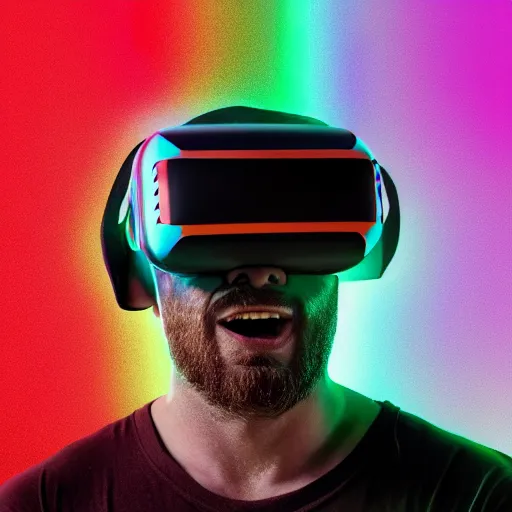 Image similar to wrestler wearing a vr headset, vr goggles, shrugging, intricate complexity, surreal horror, inverted neon rainbow drip paint, trending on art station, photoreal, 8 k, octane render by greg rutkowski