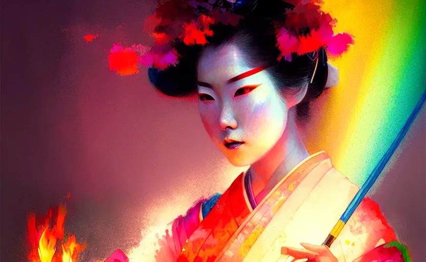 Image similar to female geisha girl holding a flame of rainbow, beautiful face, colourful, rule of thirds, thousands of colors, intricate outfit, spotlight, by greg rutkowski, by jeremy mann, digital painting