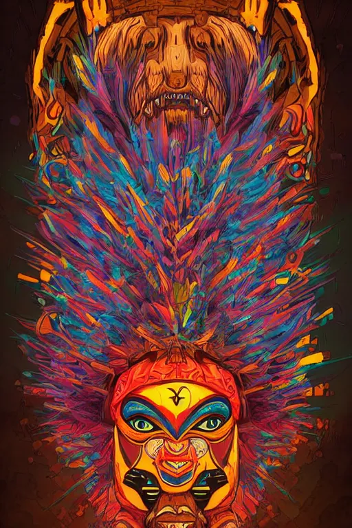 Image similar to totem animal tribal chaman vodoo mask feather gemstone plant wood rock video game illustration vivid color borderlands by josan gonzales and dan mumford radiating a glowing aura