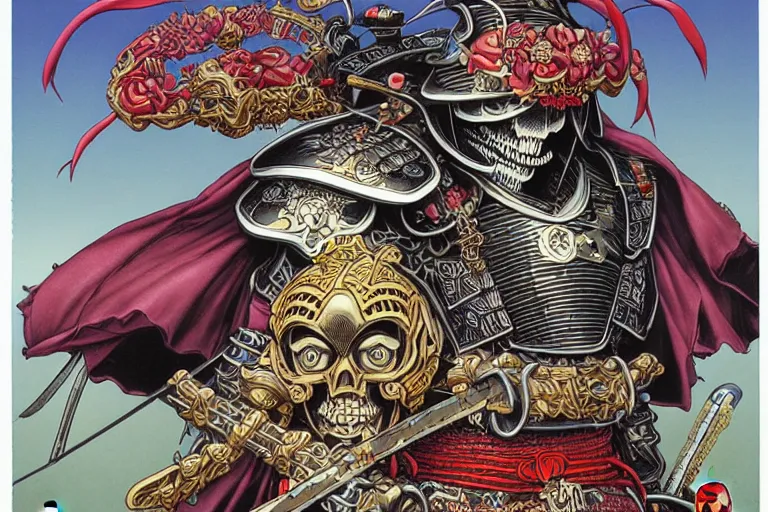 Image similar to portrait of a crazy skeletor samurai with japanese armor and helmet, by yoichi hatakenaka, masamune shirow, josan gonzales and dan mumford, ayami kojima, takato yamamoto, barclay shaw, karol bak, yukito kishiro