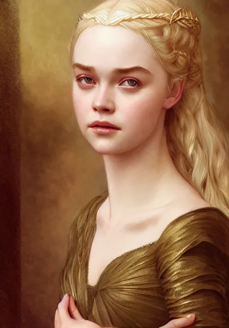 Image similar to daenerys elle fanning, intricate, elegant, highly detailed, digital painting, artstation, concept art, smooth, sharp focus, illustration, art by artgerm and greg rutkowski and alphonse mucha and william - adolphe bouguereau