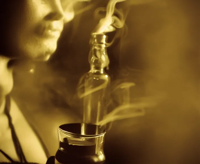 Prompt: the smoking woman in the bar with wisky bottle, 35mm double-exposure photo, dramatic soft light, deep shadows and colors, photorealistic, detailed smoke and dust, natural textures, sensual, calming, depth of field, ambient occlusion, motion blur, HD, masterpiece, volumetric, chromatic aberration by Richard Avedon, style of Ade Santora, perfect composition, masterpiece, intricate detailed