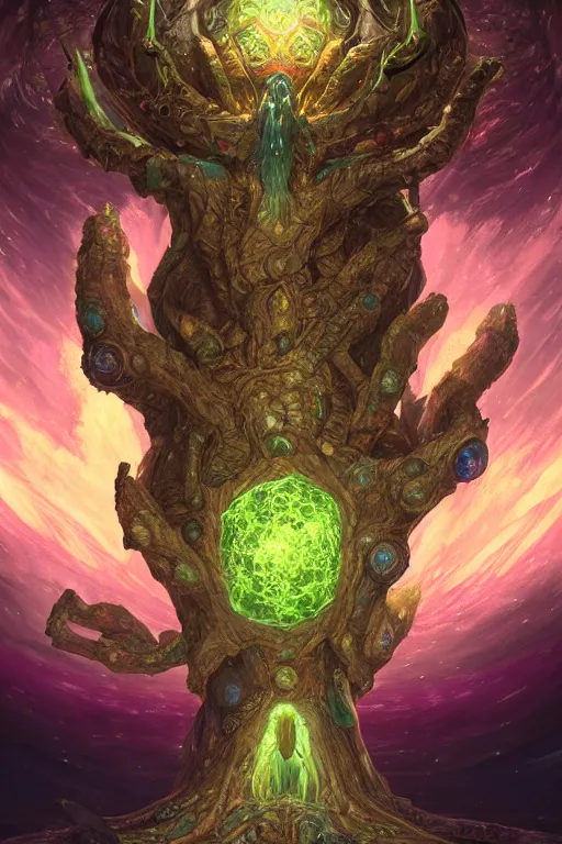 Prompt: yggdrasil as an enormous sentient deity of the stars made of exotic matter, in hyperbolic space, a dnd illustration of an esoteric concept by cgsociety and james gurney, artstation, hdr, rtx, iridescent