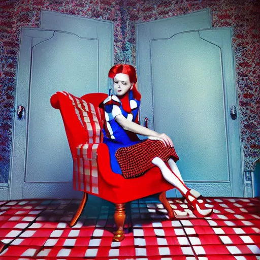 Prompt: alice in the wonderland, sitting, checkered floor, chair, blue dress, red door blonde, light by cheval michael