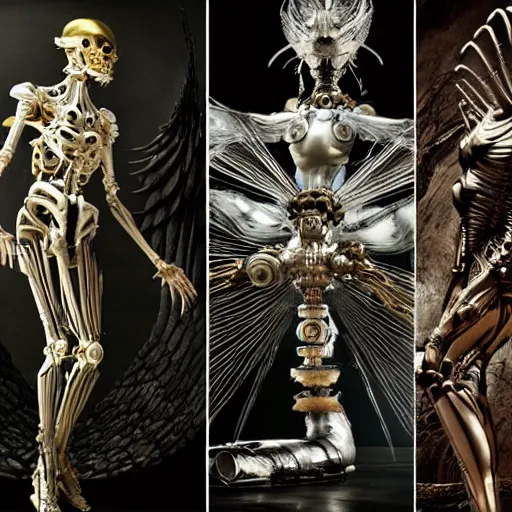 Image similar to still frame from Prometheus movie by Makoto Aida, biomechanical orchids mantis angel archangel gynoid by giger, metal couture by neri oxmn and Guo pei, editorial by Malczewski and by Caravaggio