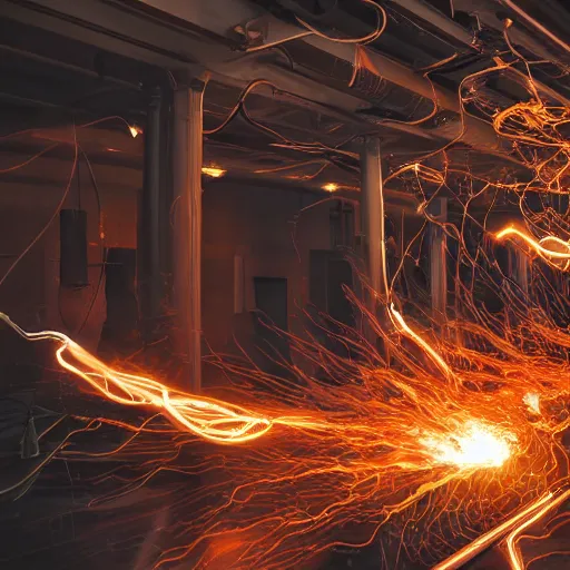 Image similar to smoothie blender, tangles of metallic cables, dark messy smoke - filled cluttered workshop, dark, dramatic lighting, orange tint, sparks, plasma charges, cinematic, highly detailed, sci - fi, futuristic, movie still