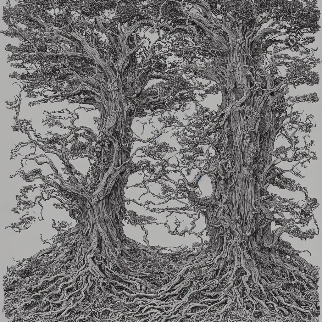 Image similar to tree of life, yggdrasil, by moebius, by laurie lipton